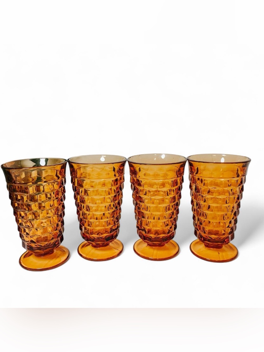 Vintage Indiana Glass Whitehall Cubist Amber Footed Tumblers Set of 4